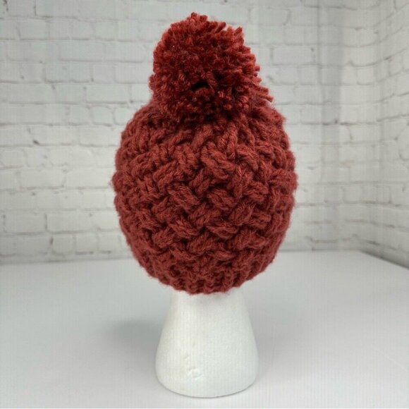 Handmade Unisex New Rust Brown Basket-Weave Pom-Pom Top Knit Beanie‎ - Adult S/M - Picture 4 of 9